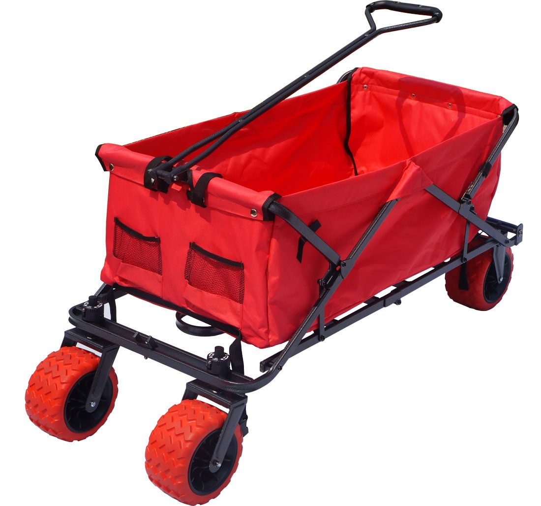 a red wagon with black wheels