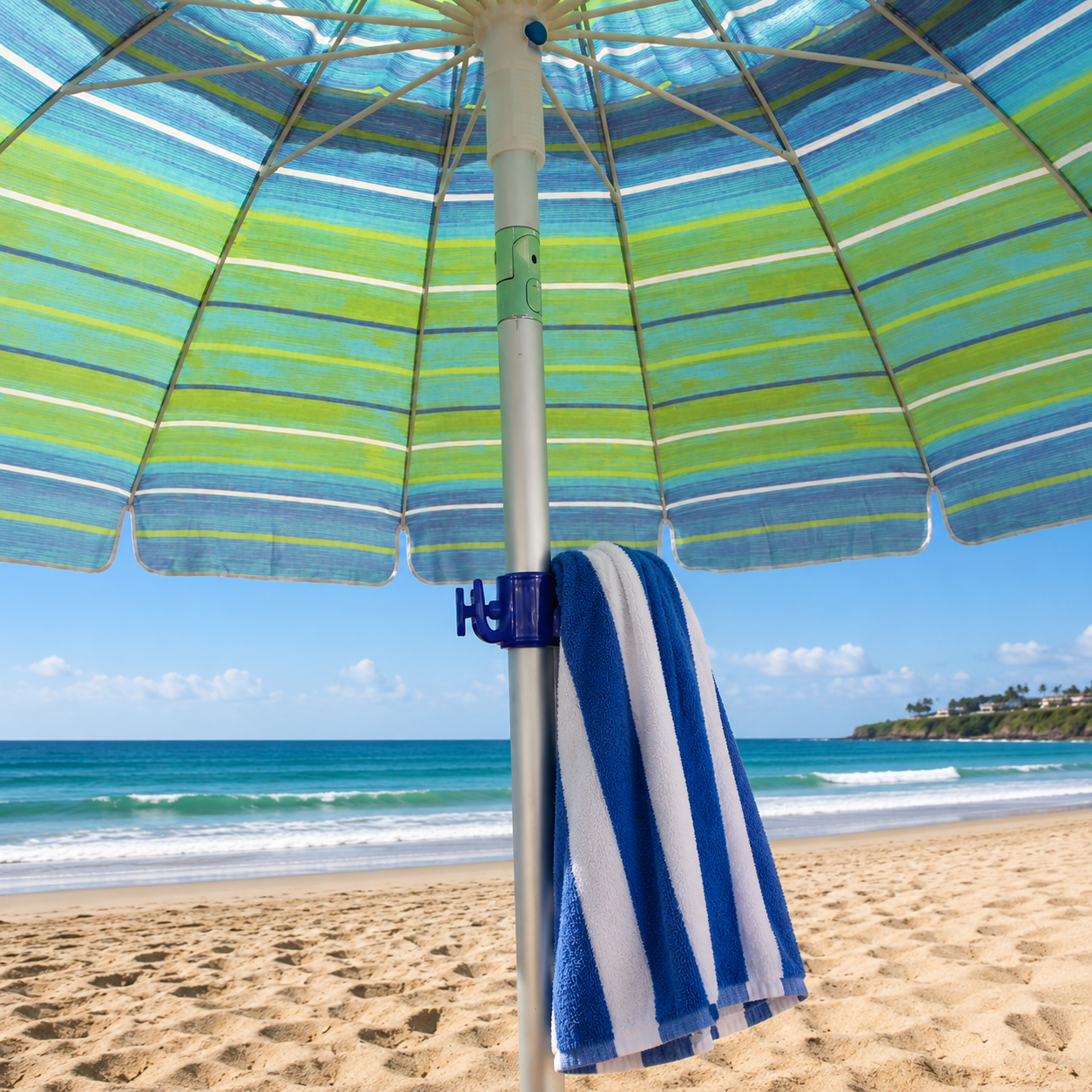 8ft Blue Green Beach Umbrella with Sand Anchor and Storage Hook
