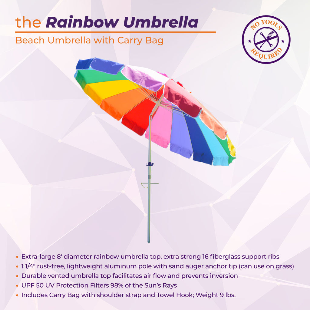 8' Rainbow Beach & Grass Umbrella with Anchor, Carry Bag, and Storage Hook