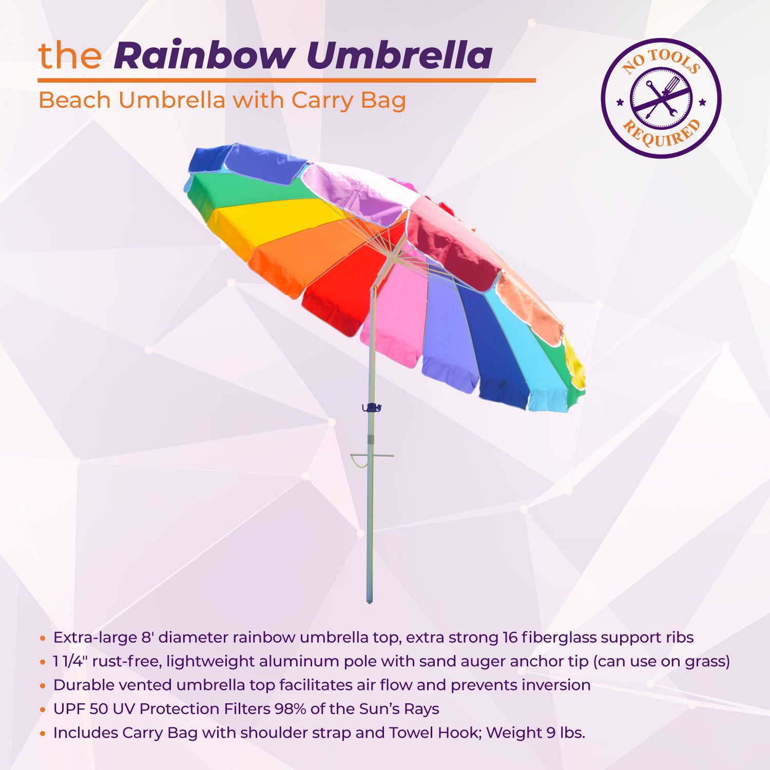 8' Rainbow Beach & Grass Umbrella with Anchor, Carry Bag, and Storage Hook